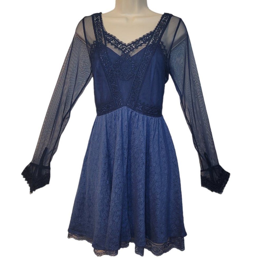 Free People Blue Lace Victorian Fit-and-Flare Dress with Sheer Sleeves - Picture 3 of 14
